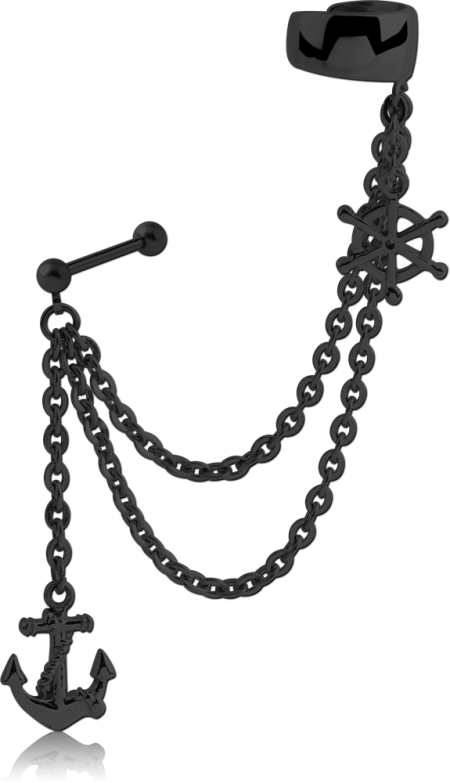 BLACK PVD COATED SURGICAL STEEL EAR CUFF CHAIN - ANCHOR AND HELM