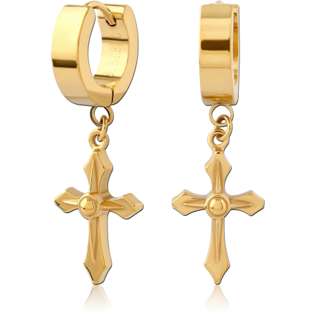 GOLD PVD COATED 316L STAINLESS STEEL HUGGIES HOOP EARRINGS WITH CROSS CHARM