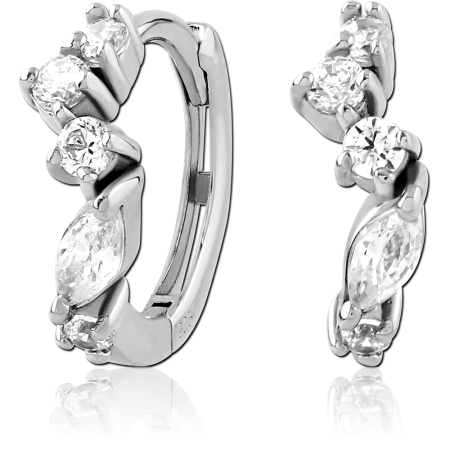 STERLING SILVER 925 HUGGIE EARRINGS MARQUISE AND ROUND GEM CLUSTER GRADUATED PAIR