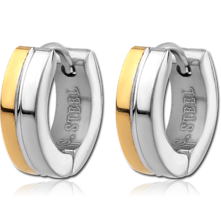 GOLD PLATED STAINLESS STEEL HINGED HUGGIE EARRINGS TWO TONE GOLD SIDE ACCENT