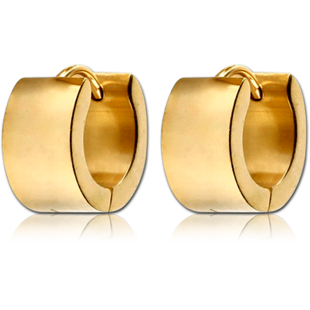 GOLD PLATED STAINLESS STEEL HINGED HUGGIE EARRINGS WIDE BAND POLISHED FINISH