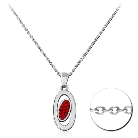 316L SURGICAL STEEL NECKLACE WITH OVAL PENDANT AND RED PAVE GEM CENTER