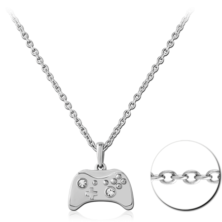 316L SURGICAL STEEL NECKLACE WITH GAME CONTROLLER PENDANT AND CLEAR GEM ACCENTS
