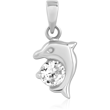 STERLING SILVER 925 PENDANT LEFT FACING DOLPHIN WITH SINGLE ROUND GEM