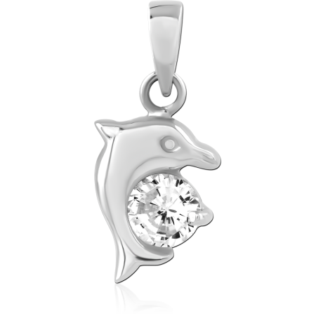 STERLING SILVER 925 PENDANT RIGHT FACING DOLPHIN WITH SINGLE ROUND GEM