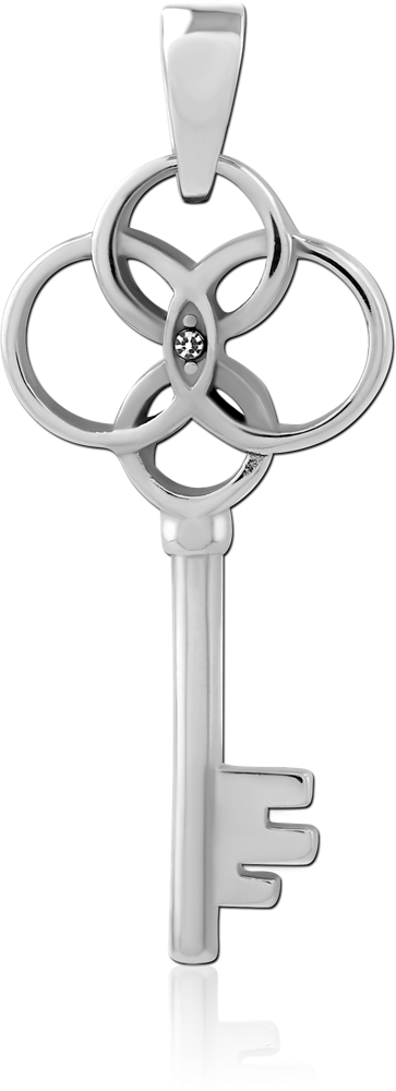 316L SURGICAL STEEL PENDANT KEY WITH OPENWORK BOW AND SINGLE CLEAR GEM
