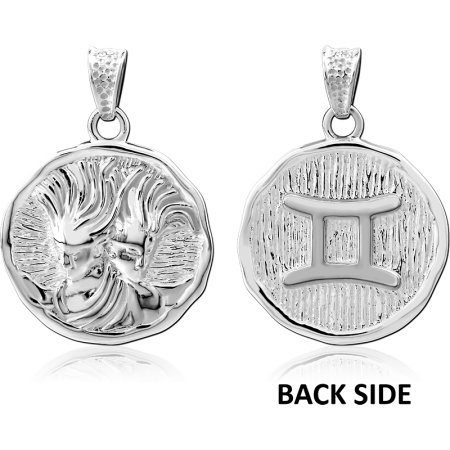 STERLING SILVER 925 PENDANT ZODIAC GEMINI DOUBLE SIDED TEXTURED COIN MEDALLION