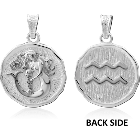 STERLING SILVER 925 PENDANT ZODIAC AQUARIUS DOUBLE SIDED TEXTURED COIN MEDALLION