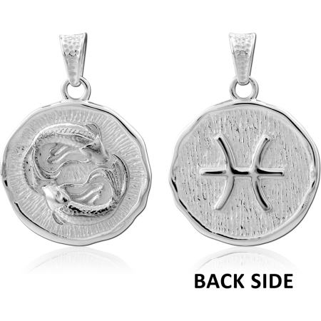 STERLING SILVER 925 PENDANT ZODIAC PISCES DOUBLE SIDED TEXTURED COIN MEDALLION