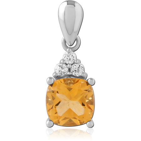 STERLING SILVER 925 PENDANT CUSHION YELLOW GEM WITH TRIO CLEAR ACCENT GEMS