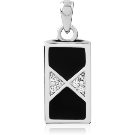 STERLING SILVER 925 PENDANT RECTANGLE BLACK INLAY WITH CLEAR GEM TRIANGLE CENTER