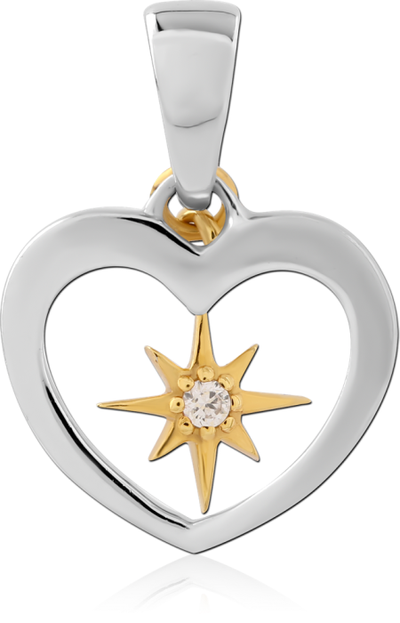 STERLING SILVER 925 PENDANT OPEN HEART WITH GOLD TONE STAR AND CLEAR GEM