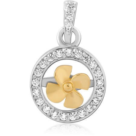 STERLING SILVER 925 PENDANT ROUND HALO WITH GOLD TONE FLOWER AND CLEAR GEMS