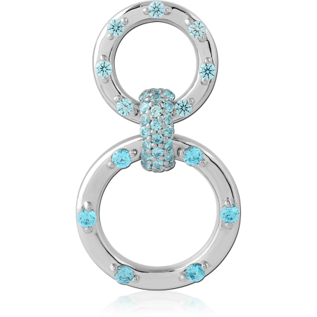 STERLING SILVER 925 PENDANT DOUBLE CIRCLE WITH AQUA BLUE GEMS AND PAVE CONNECTOR