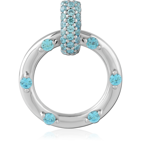 STERLING SILVER 925 PENDANT CIRCLE WITH AQUA BLUE GEMS AND PAVE BAIL