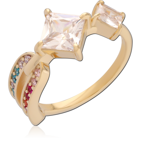 18K GOLD PLATED STERLING SILVER 925 RING DOUBLE SQUARE GEMS WITH RAINBOW PAVE