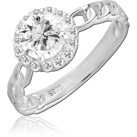 STERLING SILVER RING ROUND HALO GEM WITH CUTOUT BAND
