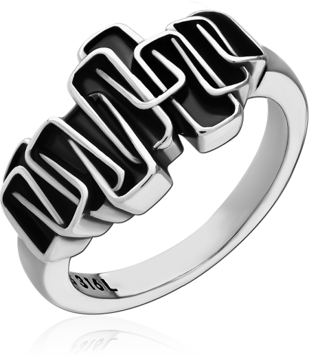 316L SURGICAL STEEL RING GEOMETRIC LINK DESIGN BLACK INLAY POLISHED BAND