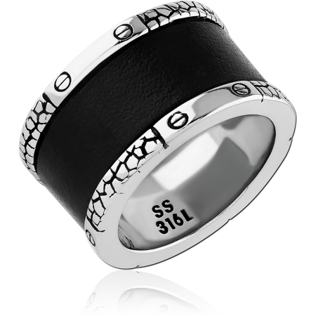 316L SURGICAL STEEL RING BLACK CENTER BAND SCREW MOTIF TEXTURED BORDERS