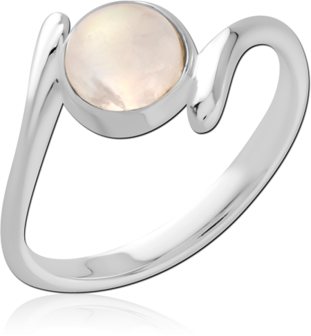 STERLING SILVER 925 RING BEZEL IRIDESCENT CABOCHON STONE ASYMMETRICAL BYPASS BAND