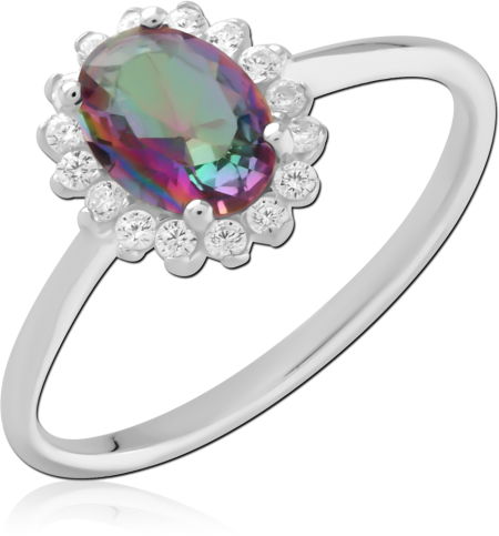 STERLING SILVER 925 RING OVAL RAINBOW GEM HALO WITH CLEAR GEMS