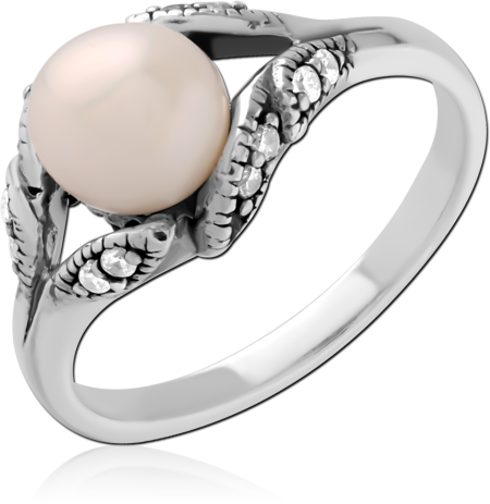 STERLING SILVER 925 RING PINK PEARL BEAD WITH LEAF DETAIL AND GEMS