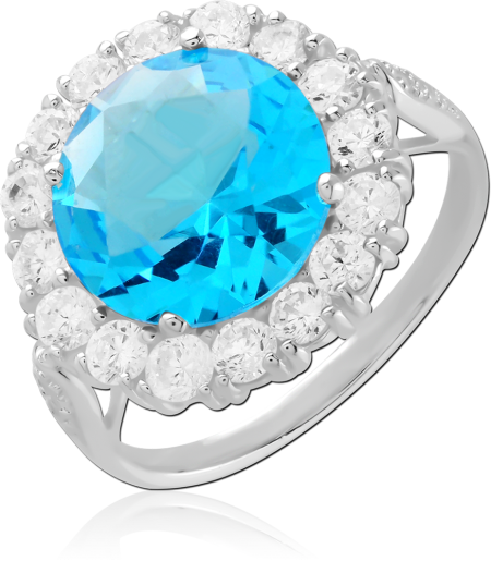 STERLING SILVER 925 RING LARGE BLUE ROUND GEM HALO WITH CLEAR GEMS