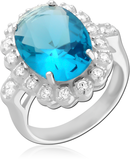 STERLING SILVER 925 RING OVAL BLUE GEM HALO WITH CLEAR GEMS