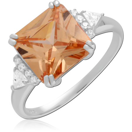 STERLING SILVER 925 RING PRINCESS CUT ORANGE GEM WITH TRIANGULAR CLEAR ACCENTS