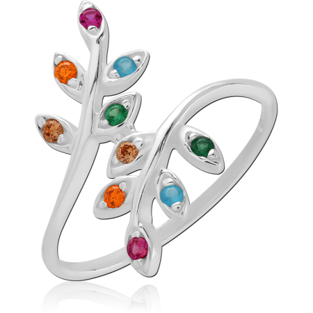 STERLING SILVER 925 RING OPEN LEAF BRANCH WITH MULTI COLOR ROUND GEMS