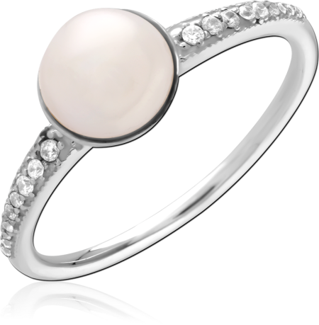 STERLING SILVER 925 RING WHITE PEARL CABOCHON WITH PAVE CLEAR SHOULDERS
