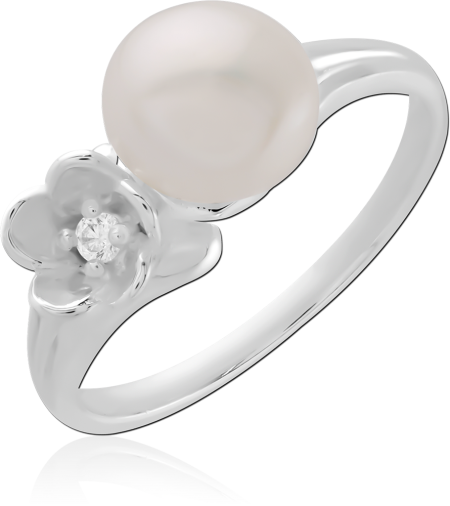 STERLING SILVER 925 RING WHITE PEARL WITH FLOWER ACCENT AND CLEAR GEM
