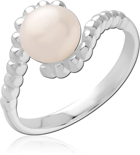 STERLING SILVER 925 RING PEARL CENTER WITH BEADED BYPASS SHANK