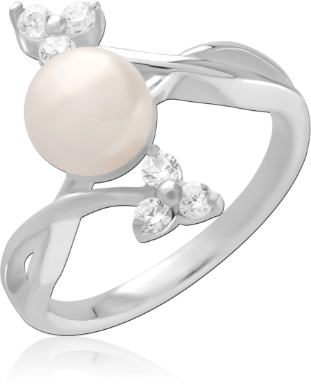 STERLING SILVER 925 RING PEARL CENTER WITH TRIO CLUSTER CLEAR GEMS
