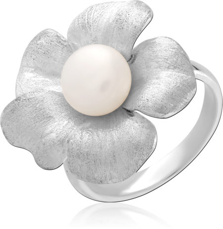 STERLING SILVER 925 RING PEARL CENTER WITH BRUSHED FLOWER PETAL DESIGN