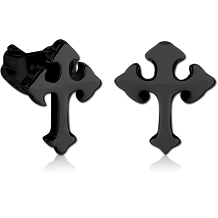 BLACK PVD COATED SURGICAL STEEL STUD EARRINGS GOTHIC CROSS DESIGN