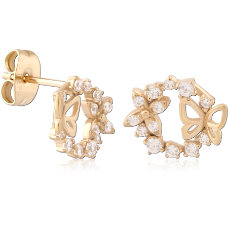 GOLD PVD 18K COATED SURGICAL STEEL STUD EARRINGS BUTTERFLY WREATH GEMS