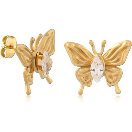 GOLD PVD 18K COATED 316L SURGICAL STEEL BUTTERFLY STUD EARRINGS MARQUISE CRYSTAL