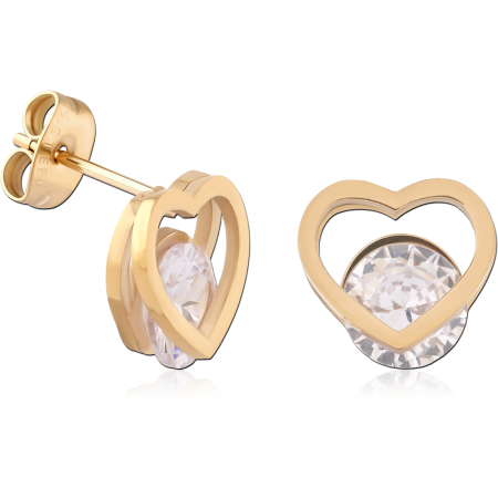 GOLD PVD 18K COATED SURGICAL STEEL STUD EARRINGS HEART OUTLINE CLEAR GEM
