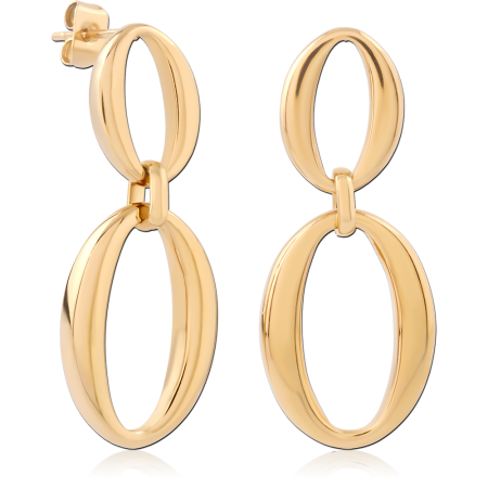 GOLD PVD 18K COATED SURGICAL STEEL STUD EARRINGS DOUBLE OVAL DROP