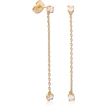 316L GOLD PVD 18K COATED SURGICAL STEEL STUD EARRINGS ROUND GEM CHAIN DROP