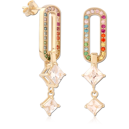 GOLD PLATED 18K STERLING SILVER 925 STUD EARRINGS RAINBOW GEM LINK DANGLE