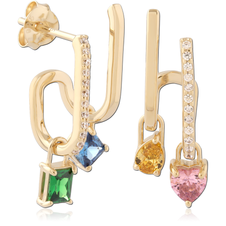 GOLD PLATED 18K STERLING SILVER 925 STUD EARRINGS ASYMMETRICAL MULTICOLOR GEM DANGLE BARS