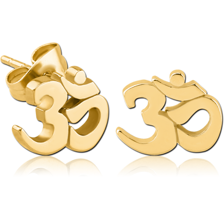 GOLD PVD COATED SURGICAL STEEL STUD EARRINGS OM SYMBOL DESIGN
