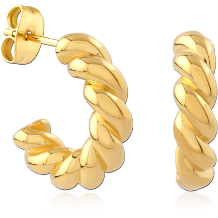 GOLD PVD COATED SURGICAL STEEL STUD EARRINGS TWISTED ROPE HALF HOOP PAIR