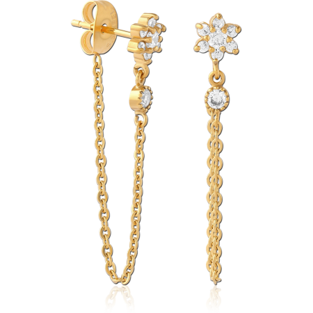 316L GOLD PVD COATED SURGICAL STEEL STUD EARRINGS FLOWER CLUSTER WITH CHAIN