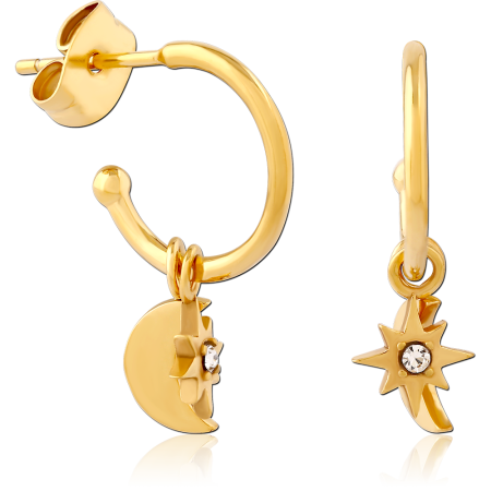GOLD PVD COATED SURGICAL STEEL HOOP STUD EARRINGS WITH STAR AND MOON CHARMS