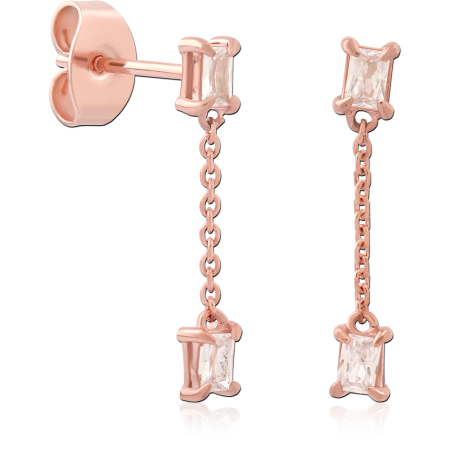 316L ROSE GOLD PVD SURGICAL STEEL STUD EARRINGS LONG CHAIN DANGLE WITH BAGUETTE GEMS