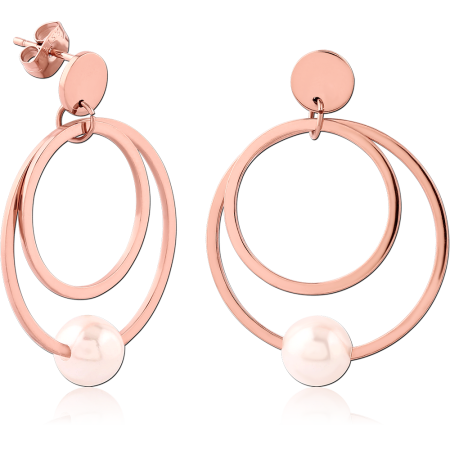 ROSE GOLD PVD COATED SURGICAL STEEL EARRINGS DOUBLE HOOP WITH PEARL DANGLE
