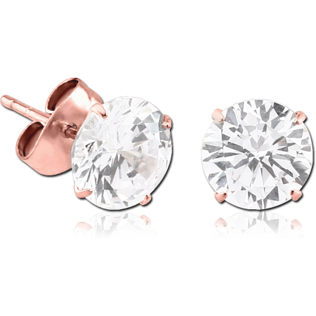 ROSE GOLD PVD COATED SURGICAL STEEL ROUND PRONG SET JEWELED EAR STUDS PAIR